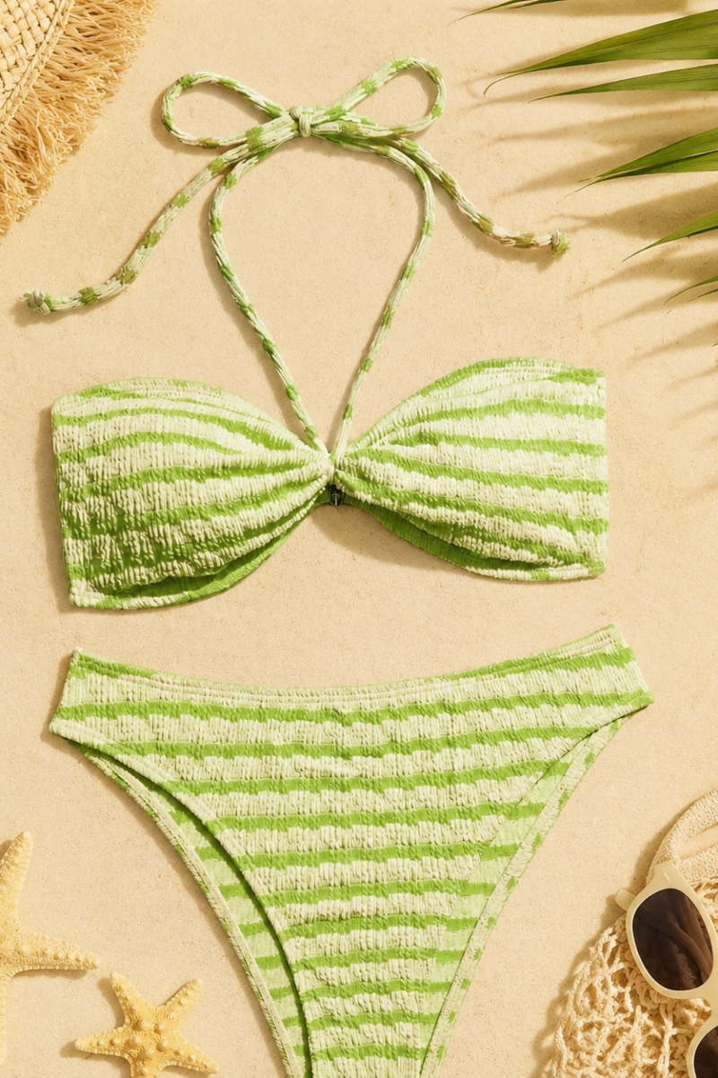 Striped Halter Two-Piece Bikini Set | Padded Wire-Free Beach Swimwear