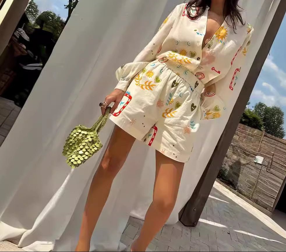 Printed Linen Shirt & Shorts Set | Resort Vacation Two-Piece Outfit