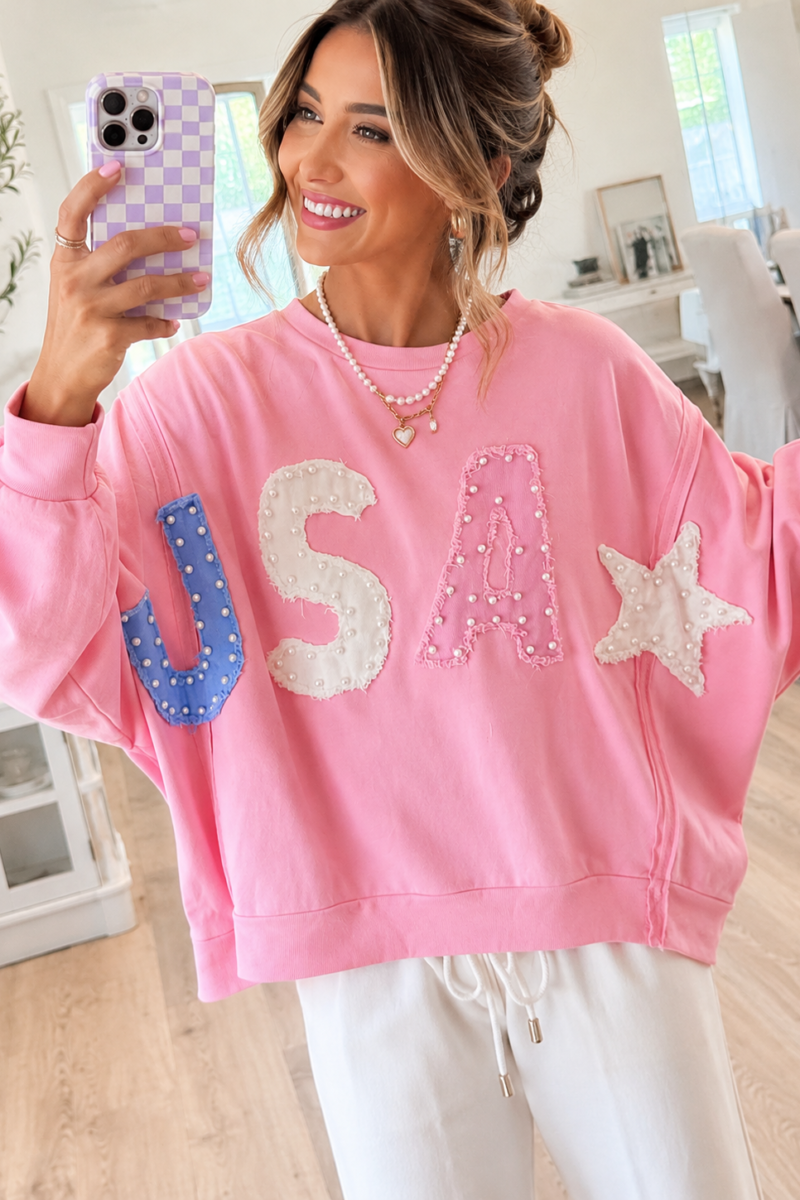 USA Pearl Embellished Patchwork Pink Oversized Sweatshirt