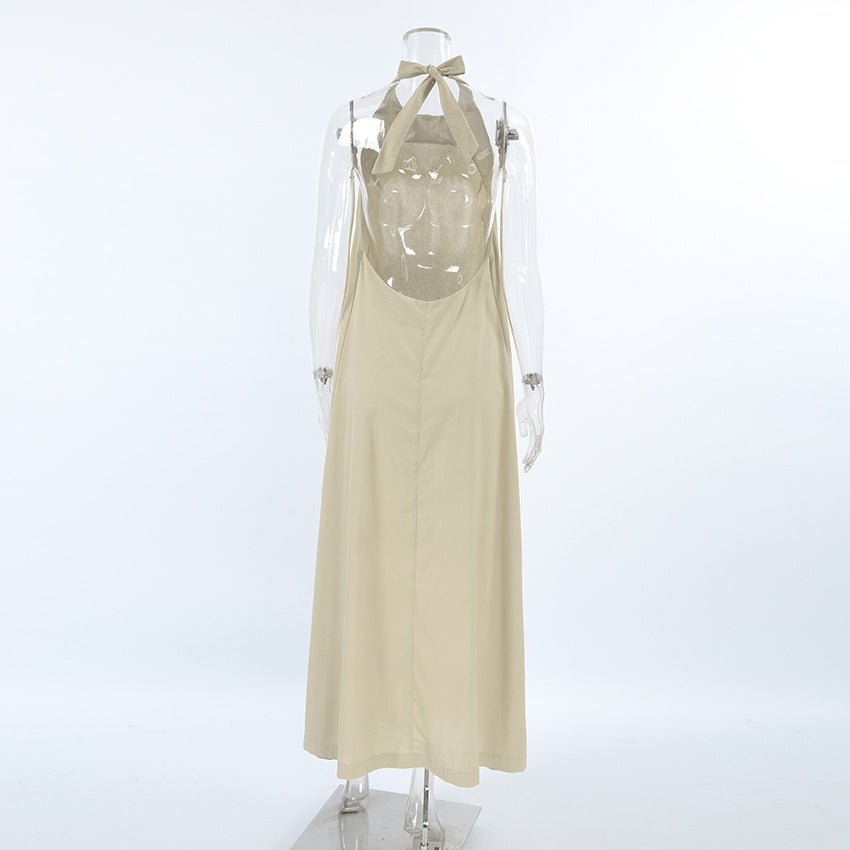 French Khaki Halter Dress | Cotton Linen Resort Vacation Dress
