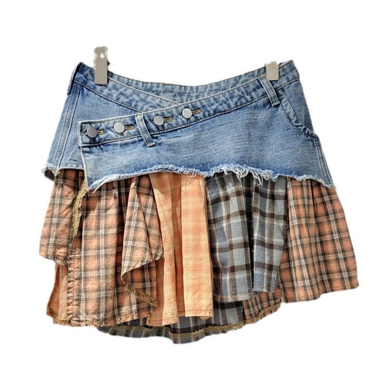 Low-Rise Patchwork Denim Asymmetrical Mini Skirt | American Streetwear Skirt