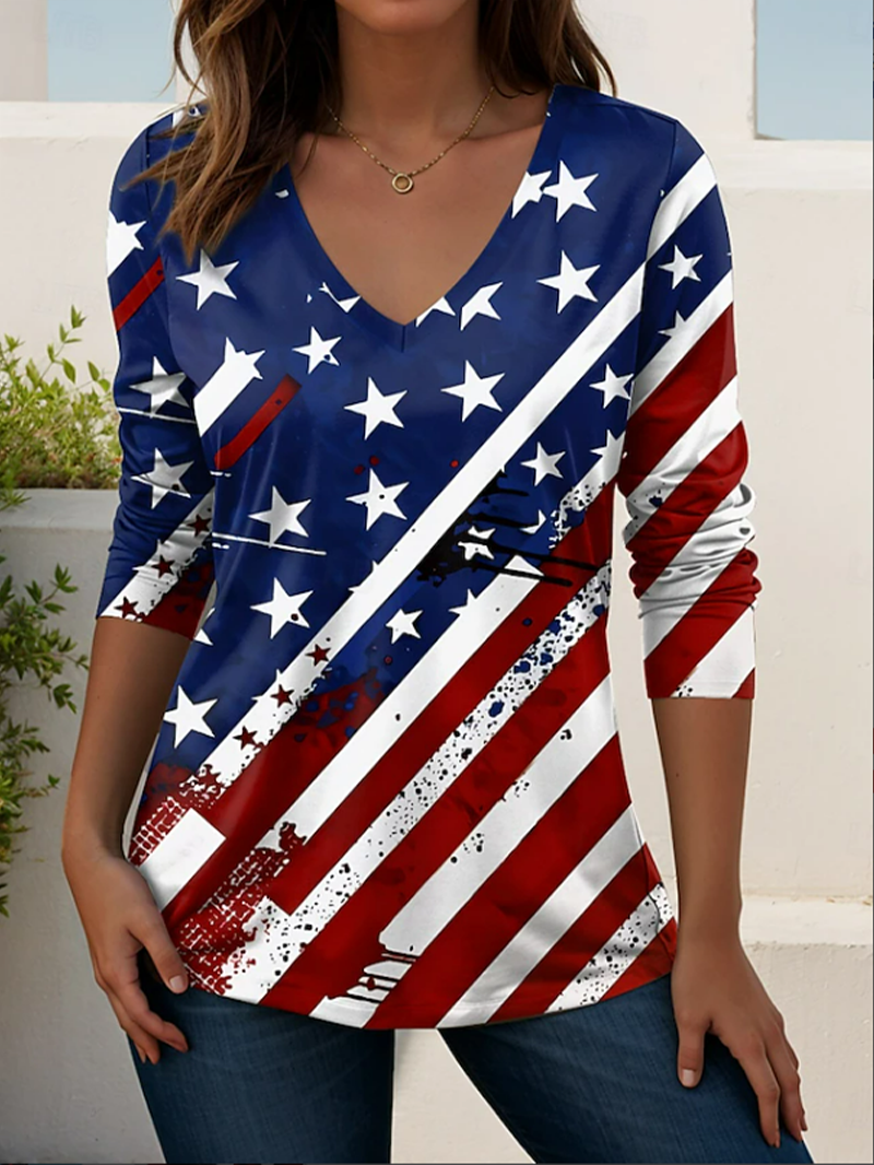 Women's USA 250th Anniversary Long Sleeve T-shirt Spring/Fall As Picture America Flag Printing V Neck Holiday Going Out Casual Top