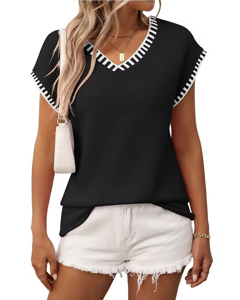 Striped V-Neck Knit Sweater Top | Lightweight Short Sleeve Knitwear