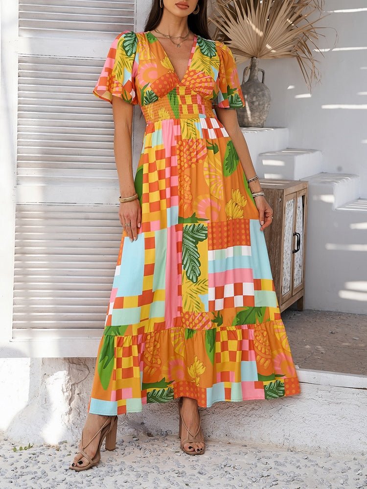 Bohemian Colorblock Print V-Neck Dress | Resort Vacation Wear