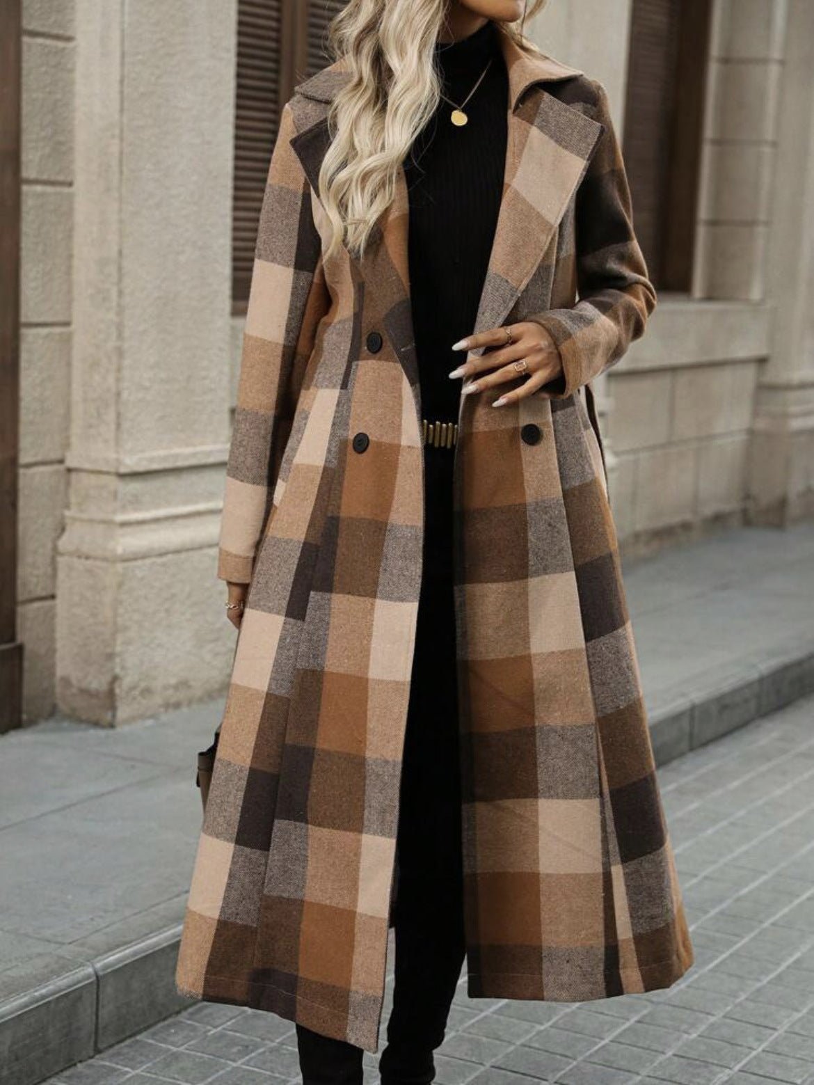 Lapel Tie-Waist Double-Breasted Wool-Look Trench Coat | Elegant Loose Fit Outerwear