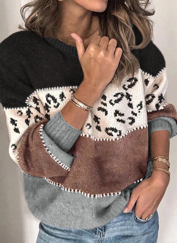 Leopard Patchwork Asymmetrical Pullover Knit Sweater | Plus-Size Friendly Boutique Top