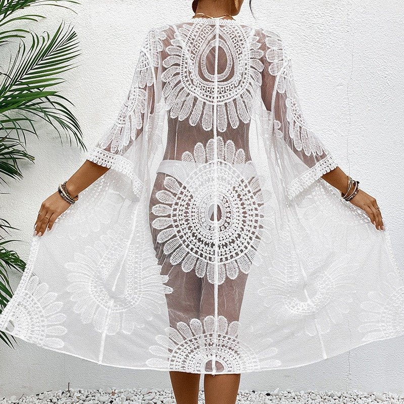 Lace Embroidered Floral Kimono Bikini Cover-Up | Cotton-Blend Resort Beach Cardigan