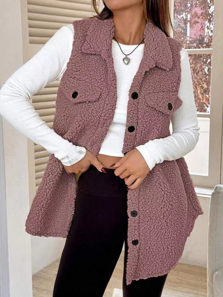 Faux Shearling Lapel Button Vest Coat | Cozy Wool-Blend Boutique Outerwear