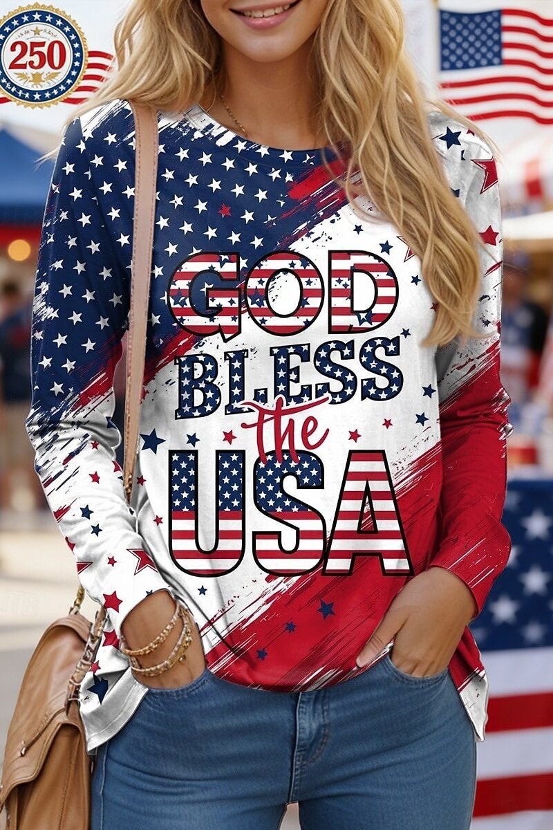 Crew Neck America Flag Loose Casual T-Shirt