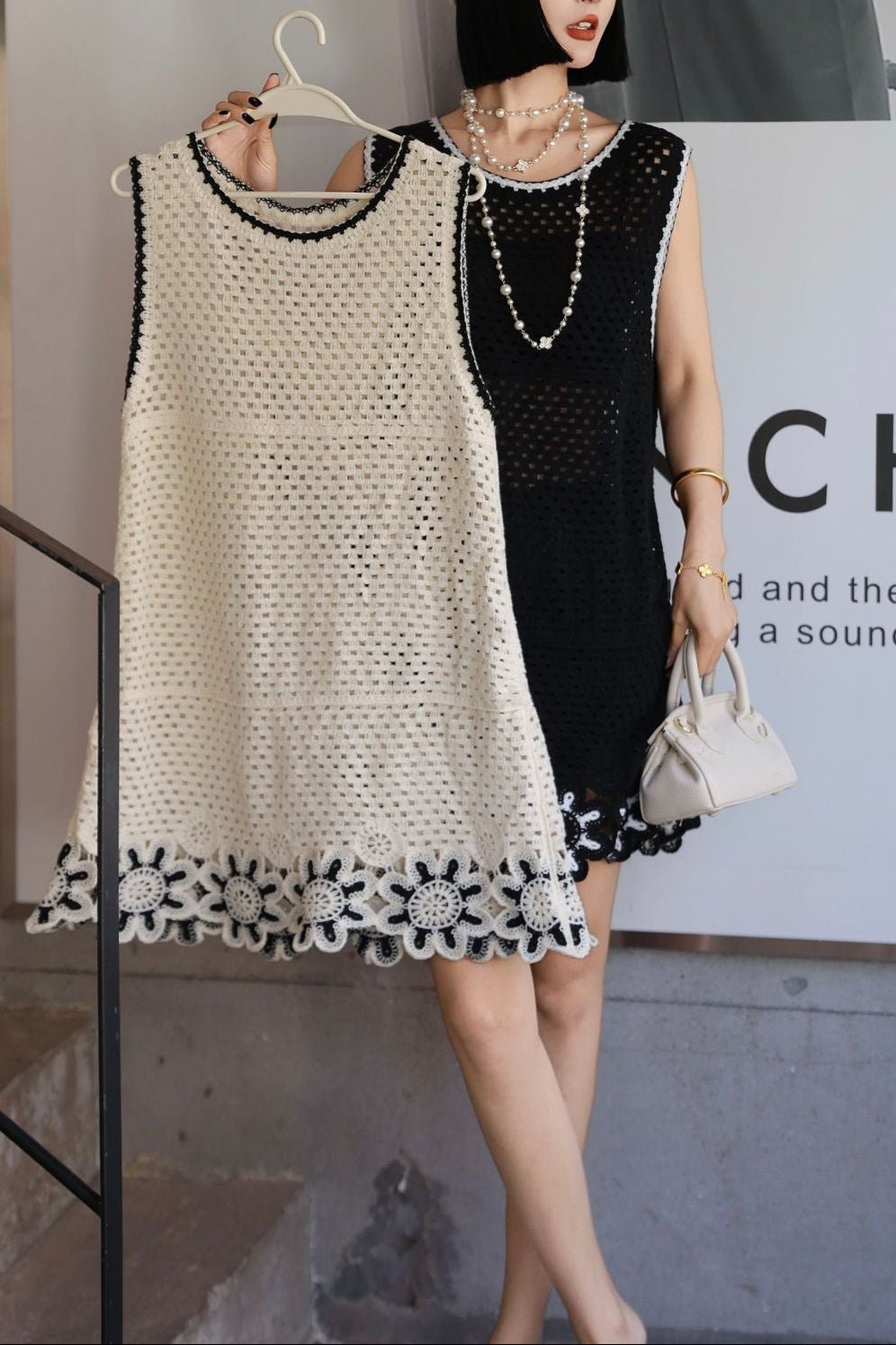 Hollow Lace Patchwork Sleeveless Dress | French Minimalist Cotton Dress