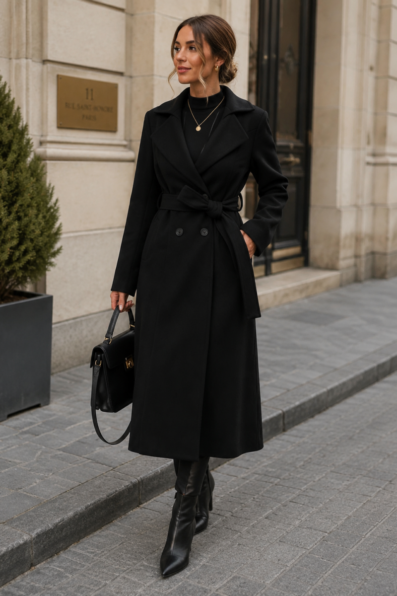 Lapel Tie-Waist Double-Breasted Wool-Look Trench Coat | Elegant Loose Fit Outerwear