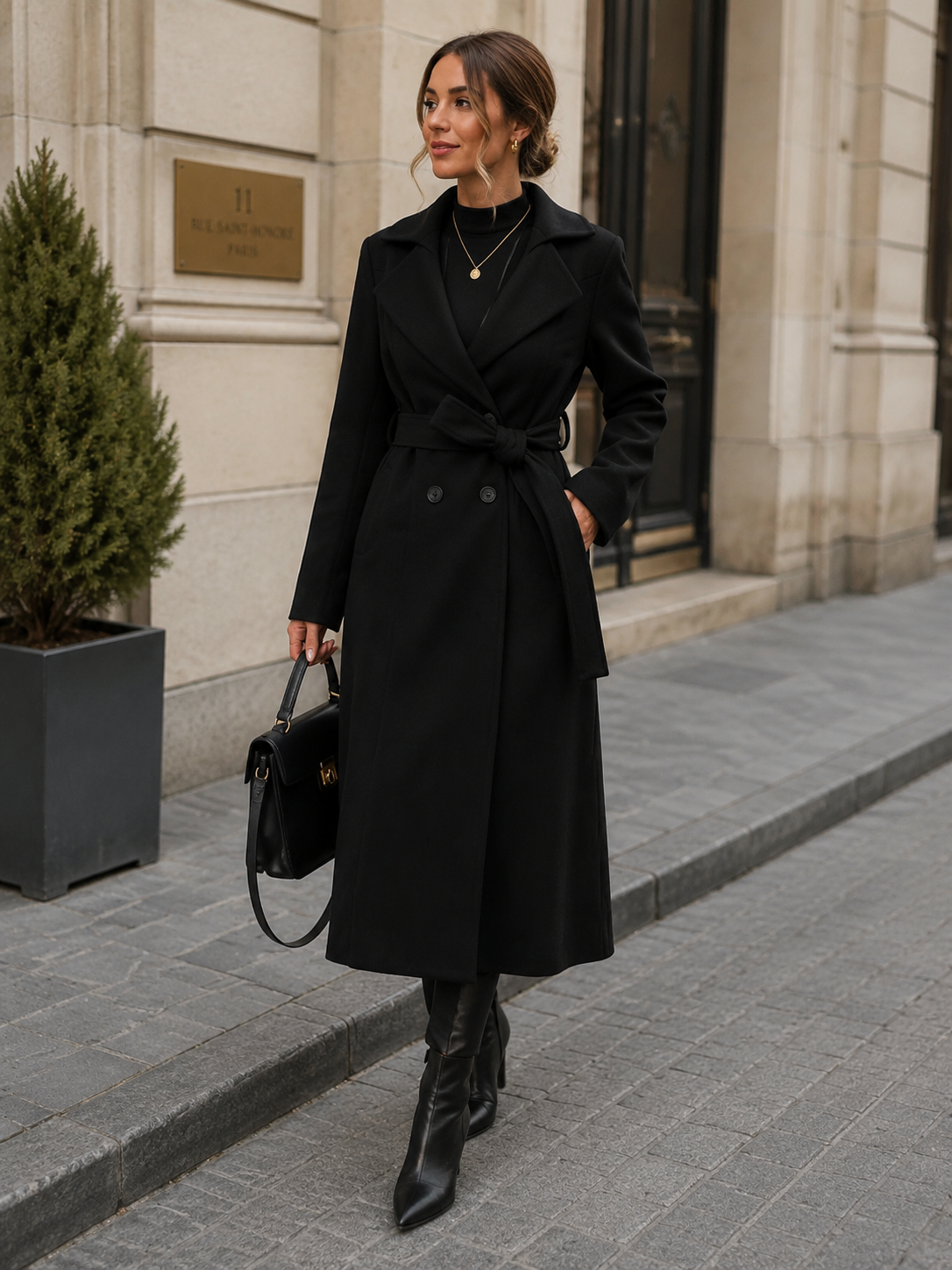 Lapel Tie-Waist Double-Breasted Wool-Look Trench Coat | Elegant Loose Fit Outerwear