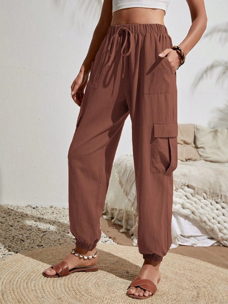 Solid Pocket Casual Cargo Pants | Elastic Waist Utility Trousers