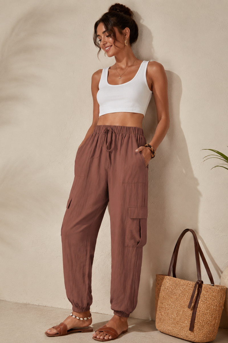 Solid Pocket Casual Cargo Pants | Elastic Waist Utility Trousers
