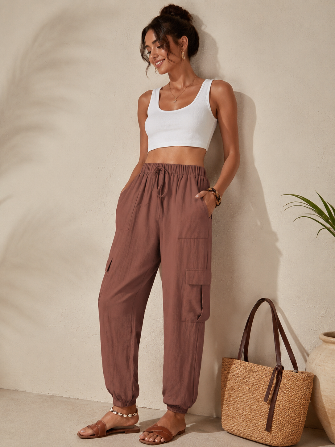 Solid Pocket Casual Cargo Pants | Elastic Waist Utility Trousers