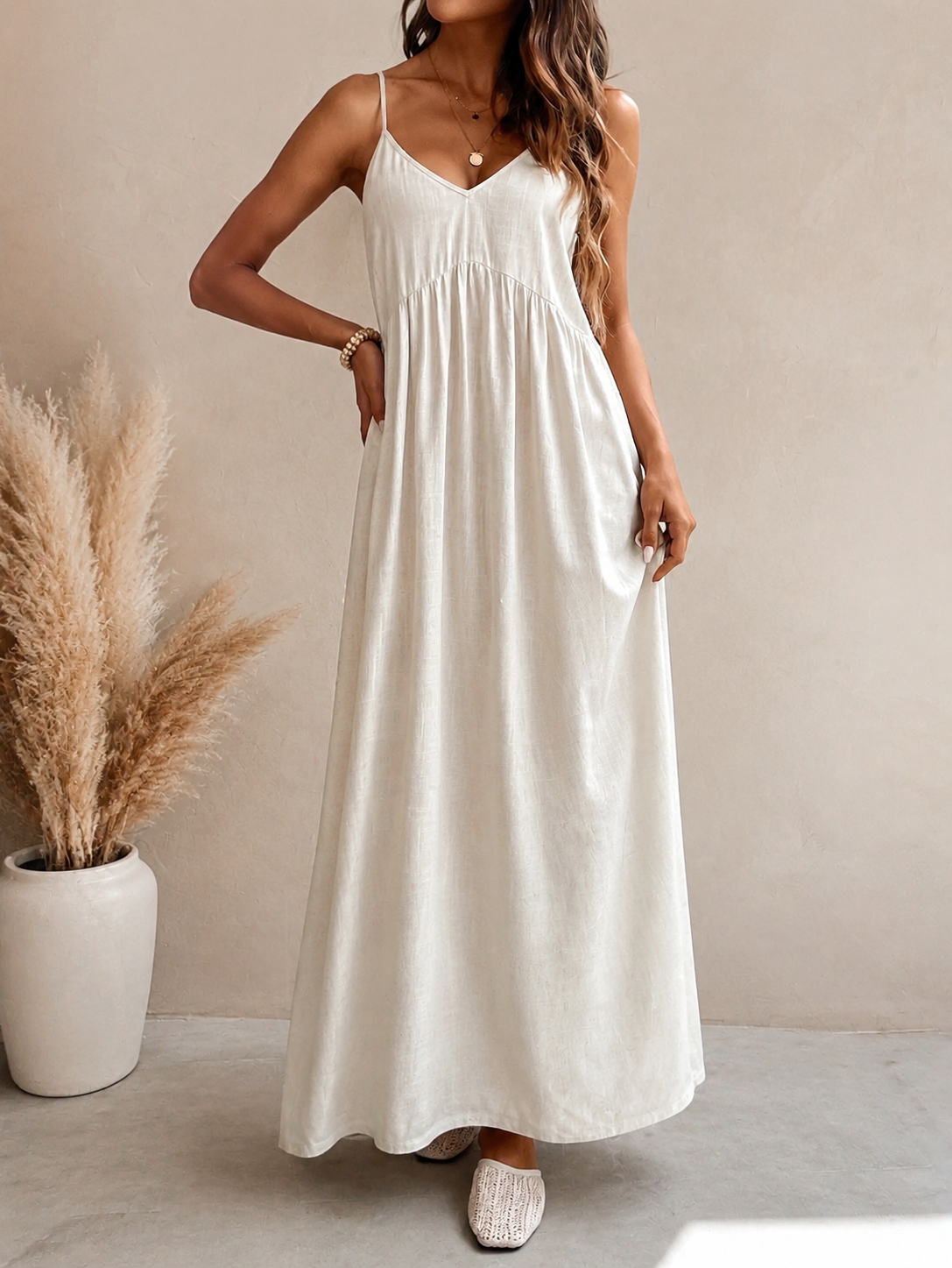 Solid Linen Loose Strap Dress | Casual Pullover Vacation Dress