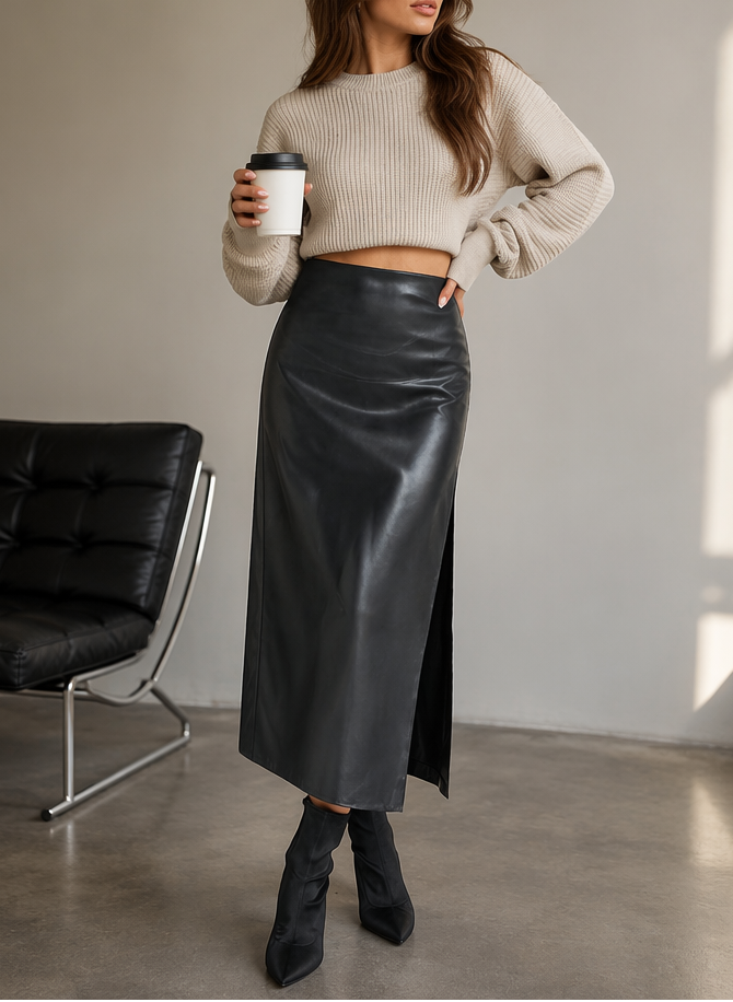 PU-Look High-Waist Slit Bodycon Maxi Skirt | Zipper Boutique Long Skirt