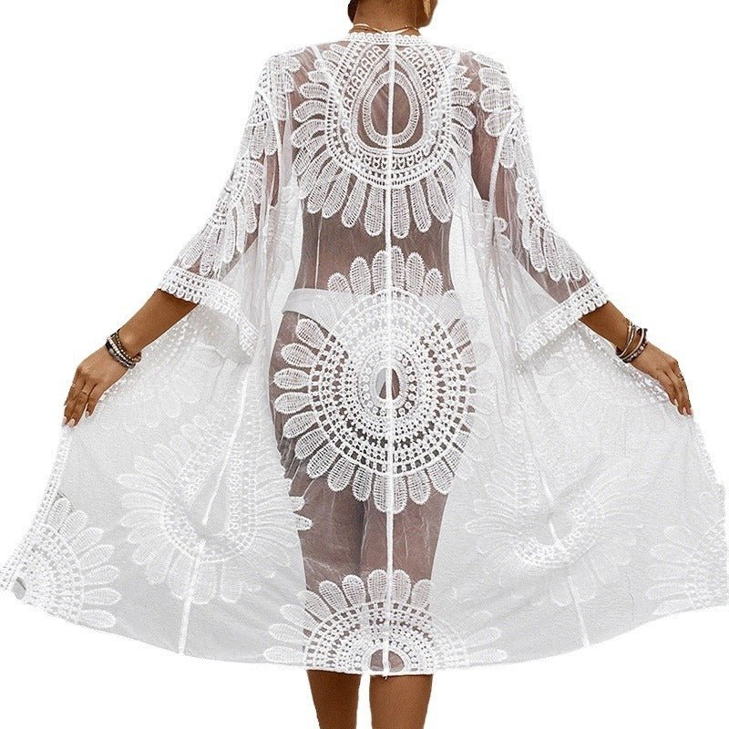 Lace Embroidered Floral Kimono Bikini Cover-Up | Cotton-Blend Resort Beach Cardigan