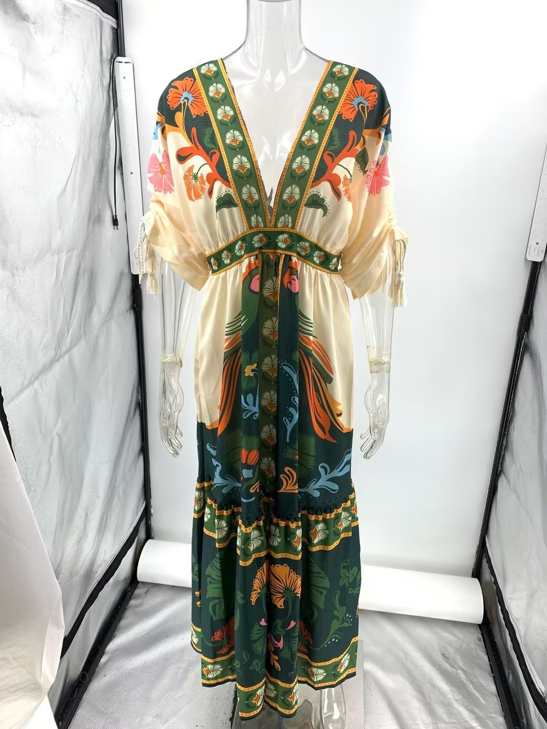 Vintage Ethnic Print V-Neck Dress | Boho Resort Wear