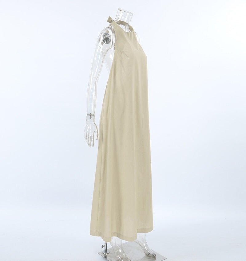 French Khaki Halter Dress | Cotton Linen Resort Vacation Dress