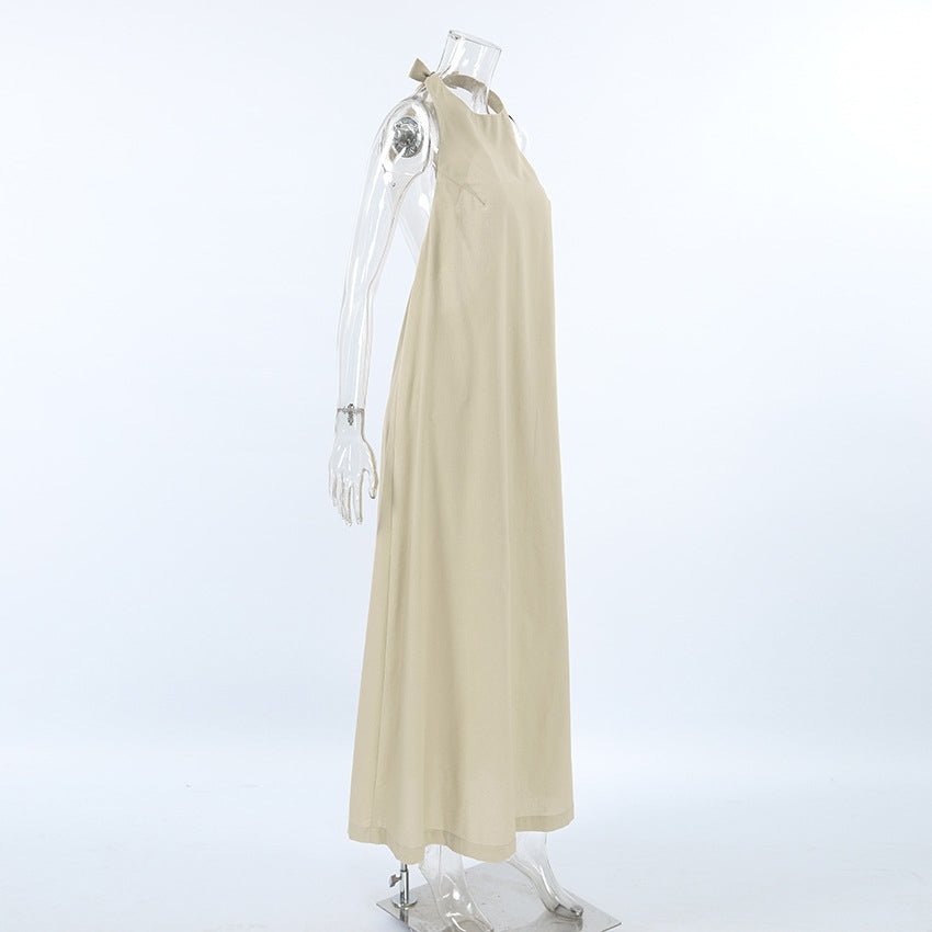 French Khaki Halter Dress | Cotton Linen Resort Vacation Dress