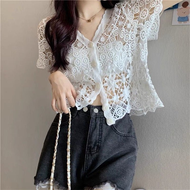 Embroidered Crochet Short Sleeve Knit Cardigan | Cotton Urban Layering Top