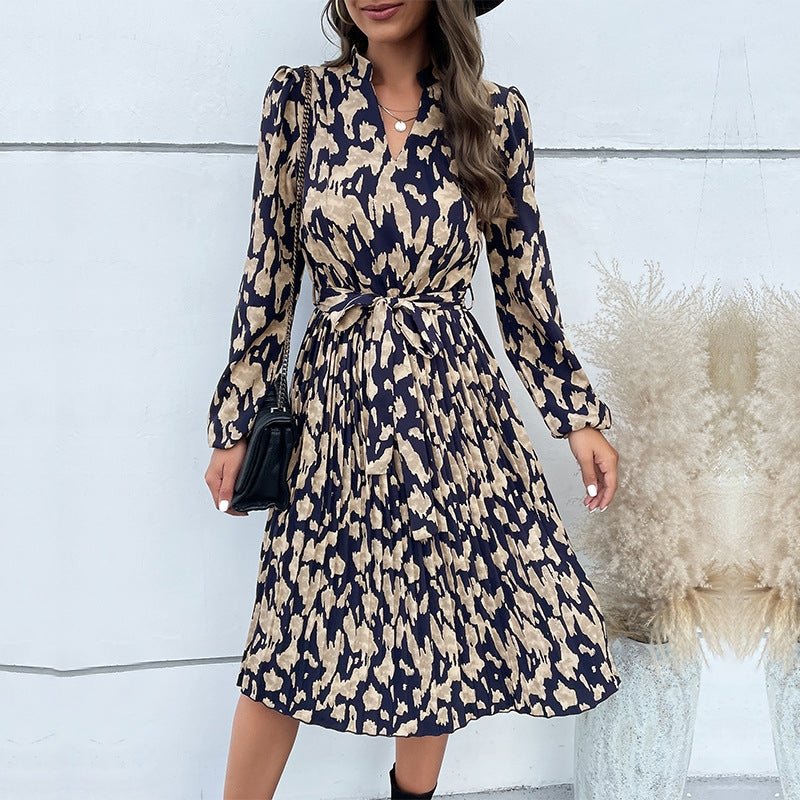 Autumn Ruched Printed V-Neck Long Sleeve Dress | Pullover Fall Boutique Dress