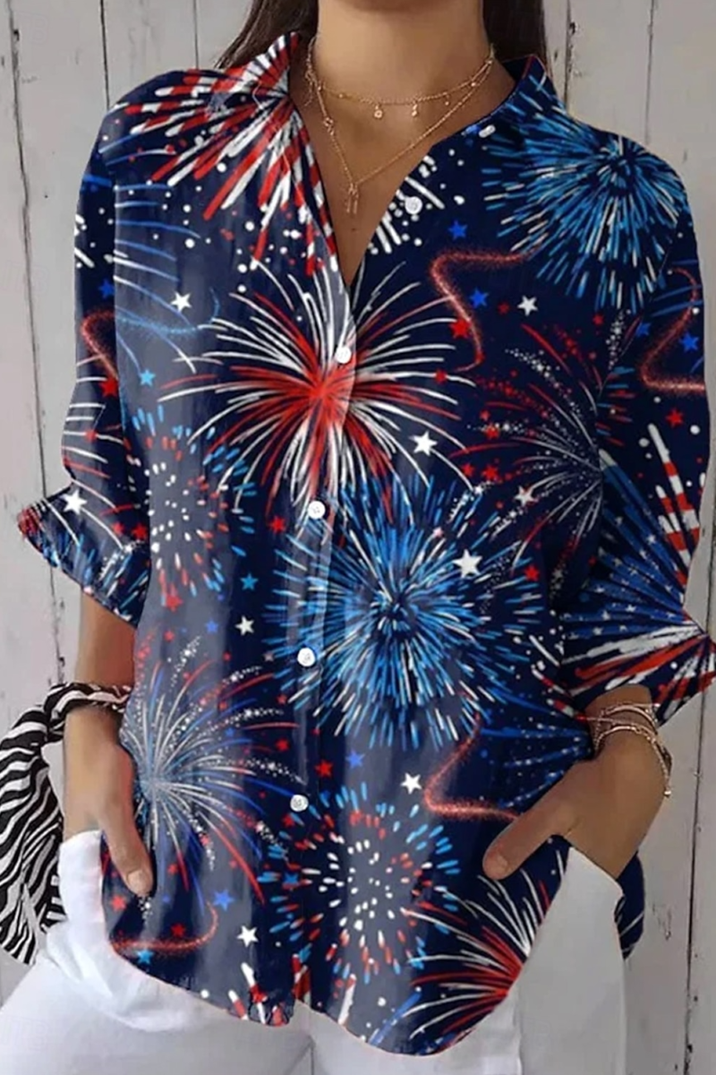 Women's American Flag Printed Casual Mid-Length Sleeve Shirt