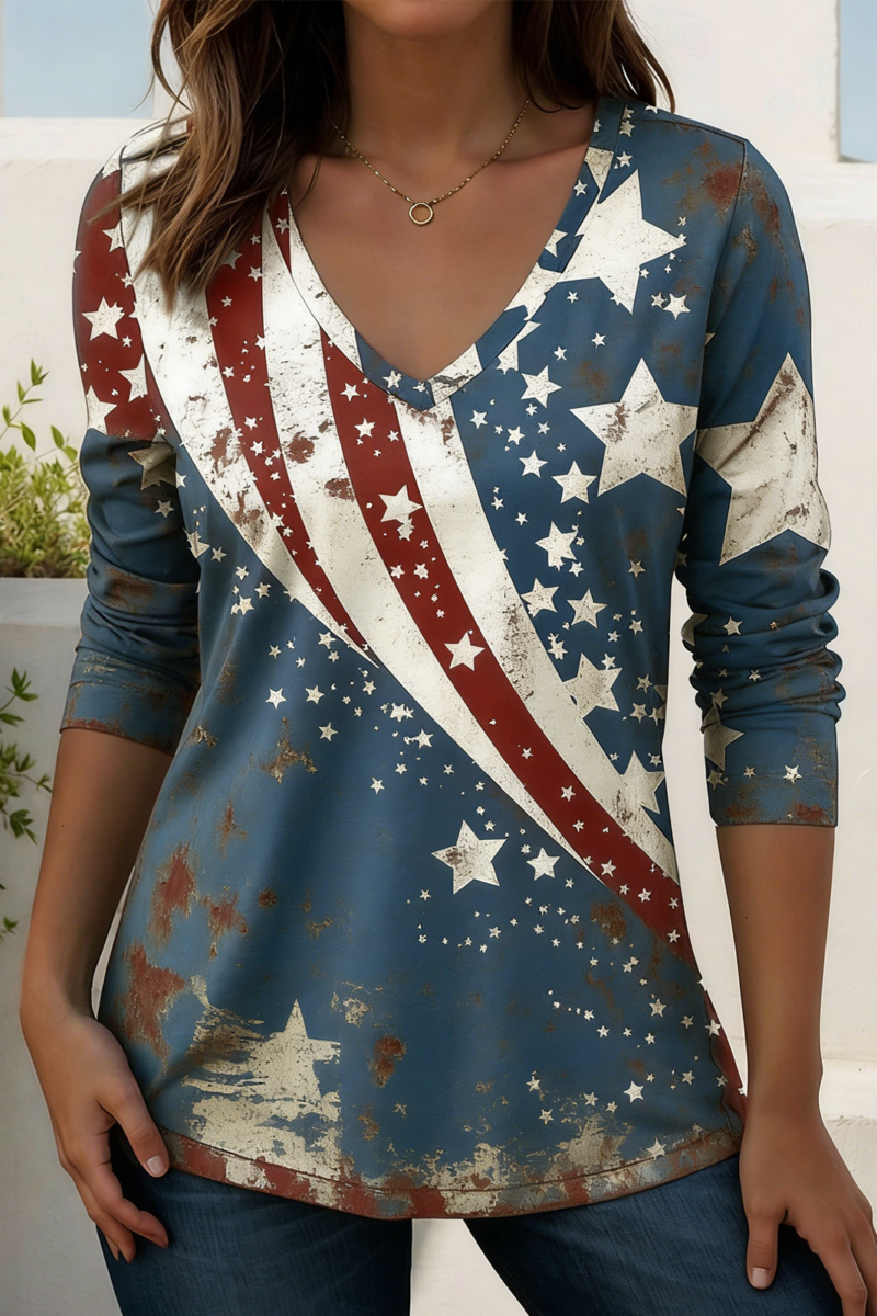 Cotton Independence Day V Neck Casual T-Shirt