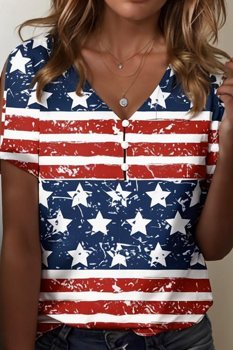 Women's American Flag Print Casual Cotton V-Neck Pearl Button T-Shirt