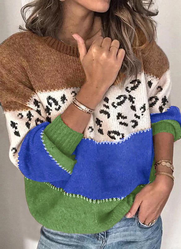 Leopard Patchwork Asymmetrical Pullover Knit Sweater | Plus-Size Friendly Boutique Top