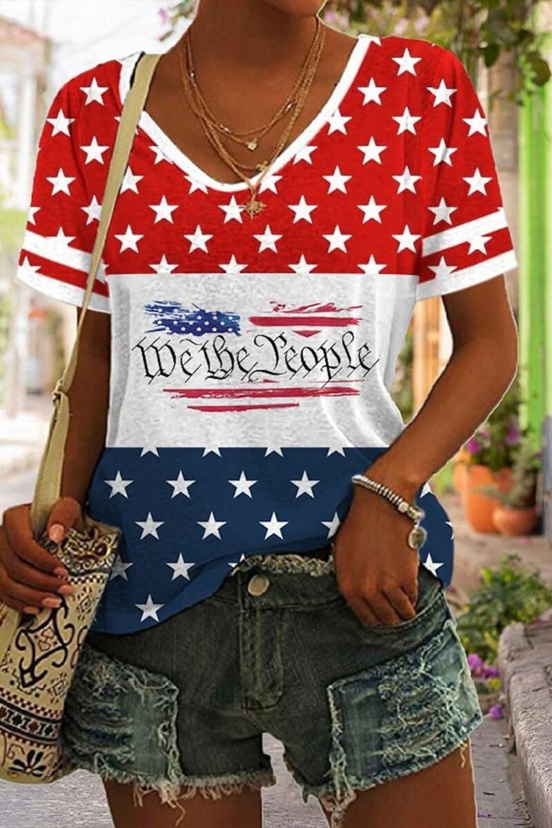 Women's American Flag Print V-Neck Cotton Blend Short Sleeve T-Shirt