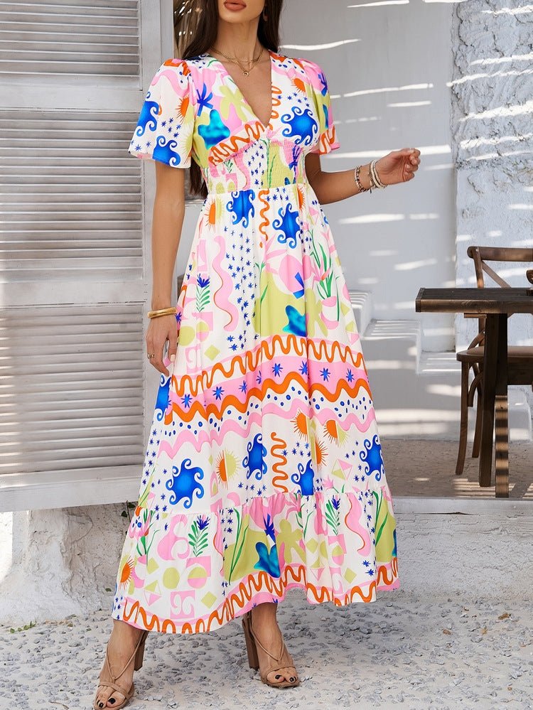 Bohemian Colorblock Print V-Neck Dress | Resort Vacation Wear