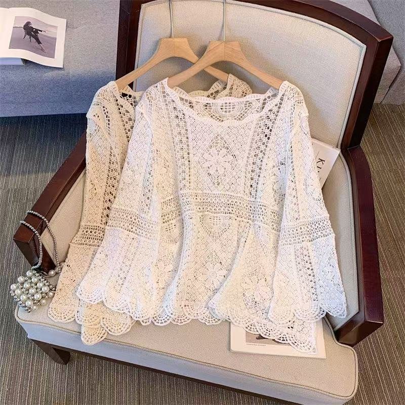 Boho Crochet Hollow Knit Pullover Top | Bell Sleeve Cotton Cover-Up