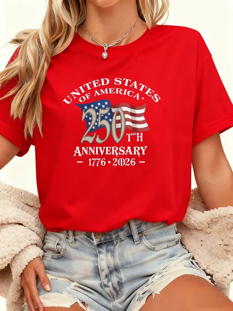 Women's 250th Anniversary Of The Founding Of the United States Short Sleeve T-shirt Summer Red Text Letters Printing Jersey Crew Neck Daily Going Out Casual Top