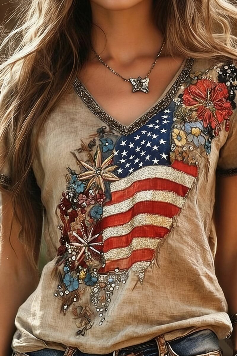250th Anniversary V Neck America Flag Embroidery Roes Summer Linen Look Vintage Casual T-Shirt