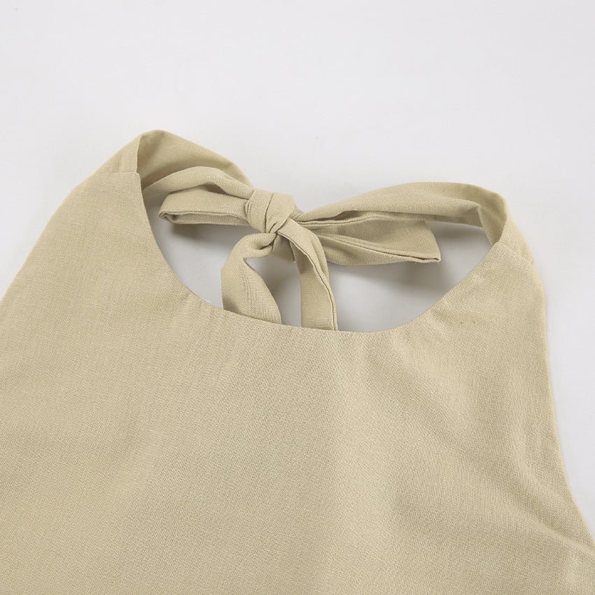 French Khaki Halter Dress | Cotton Linen Resort Vacation Dress
