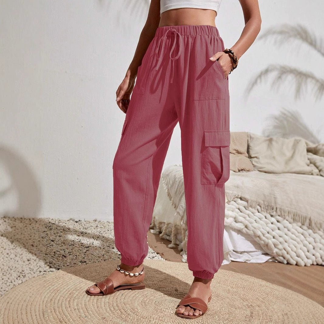 Solid Pocket Casual Cargo Pants | Elastic Waist Utility Trousers