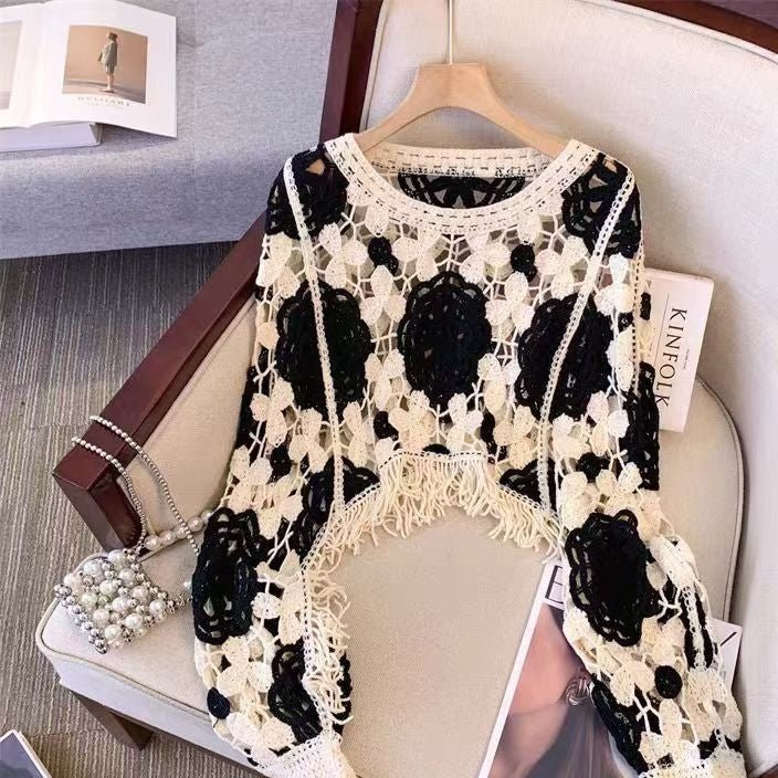 Hollow Tassel Long Sleeve Knit Cover-Up Top