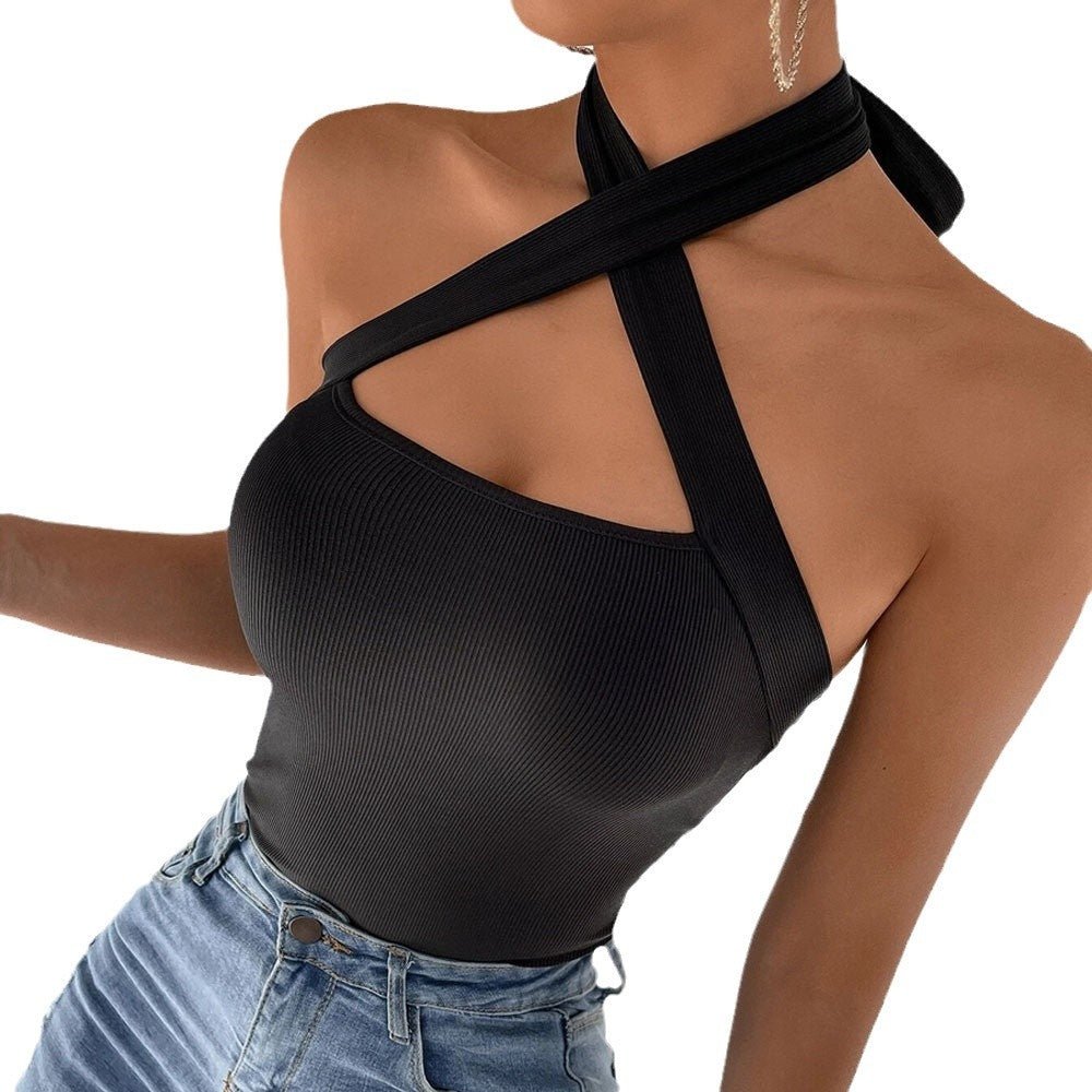 Solid Cross Halter Slim Fit Viscose Cami Top | Open Back Layering Top