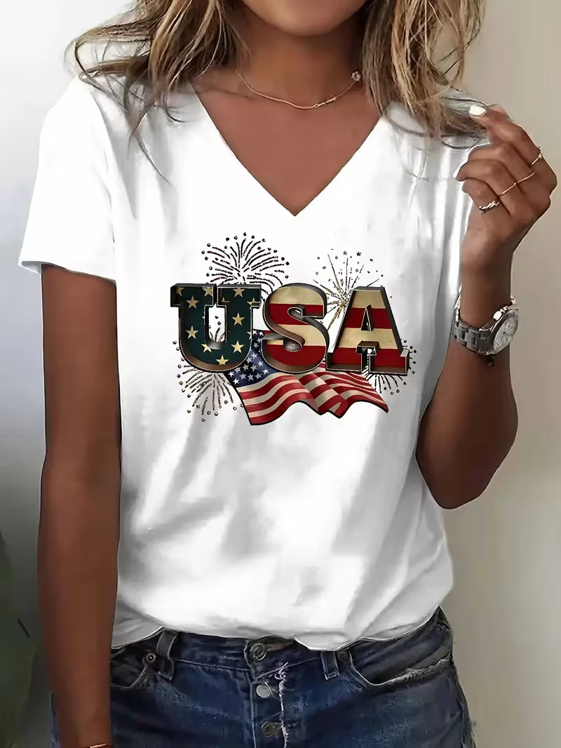 Women's USA 250th Anniversary Short Sleeve T-shirt Summer White Text Letters Jersey V Neck Holiday Going Out Casual Top