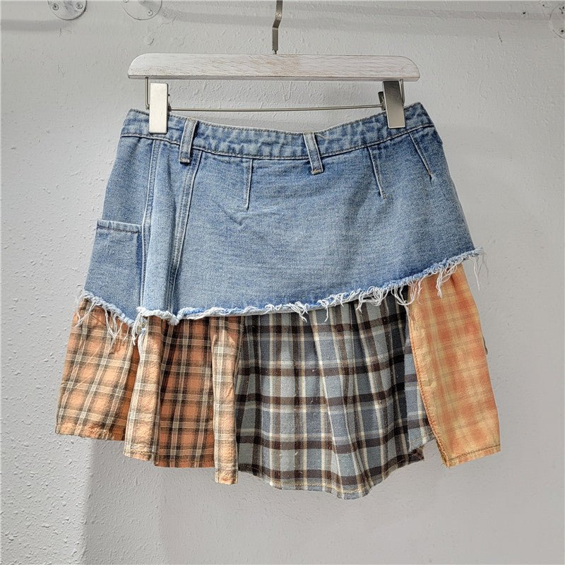 Low-Rise Patchwork Denim Asymmetrical Mini Skirt | American Streetwear Skirt