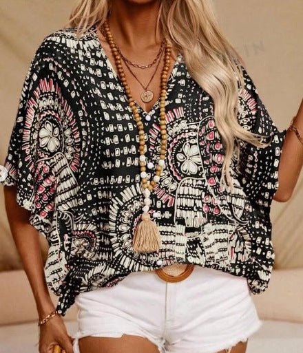 V-Neck Printed Batwing Sleeve Vacation Shirt | Casual Resort Blouse