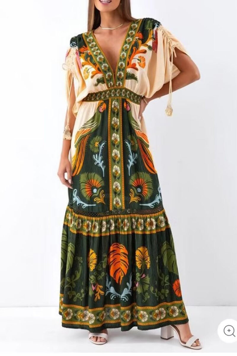 Vintage Ethnic Print V-Neck Dress | Boho Resort Wear