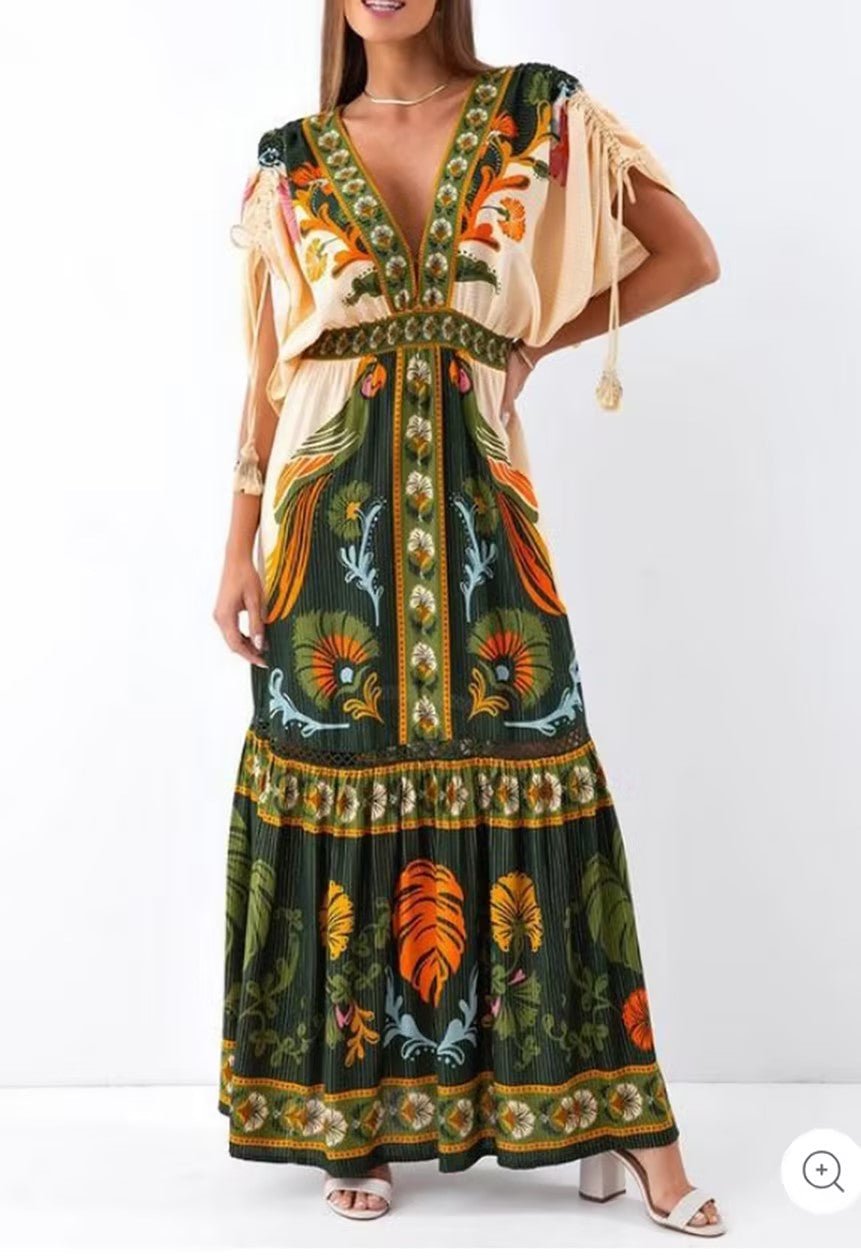 Vintage Ethnic Print V-Neck Dress | Boho Resort Wear