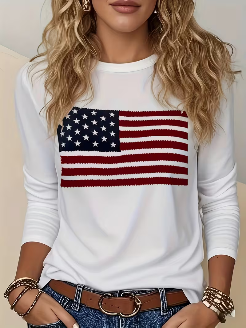 Women's USA 250th Anniversary Long Sleeve T-shirt Spring/Fall White America Flag Printing Jersey Crew Neck Daily Going Out Casual Top
