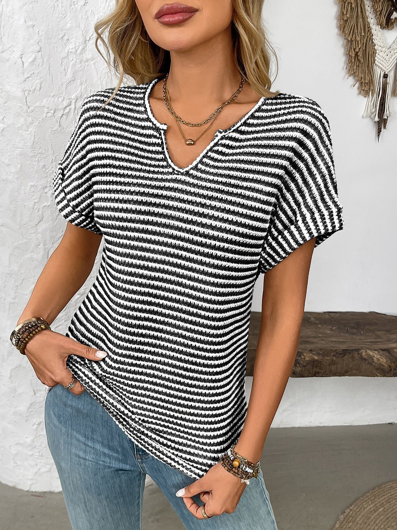 Striped V-Neck Raglan Sleeve T-Shirt | Casual Loose Fit Tee