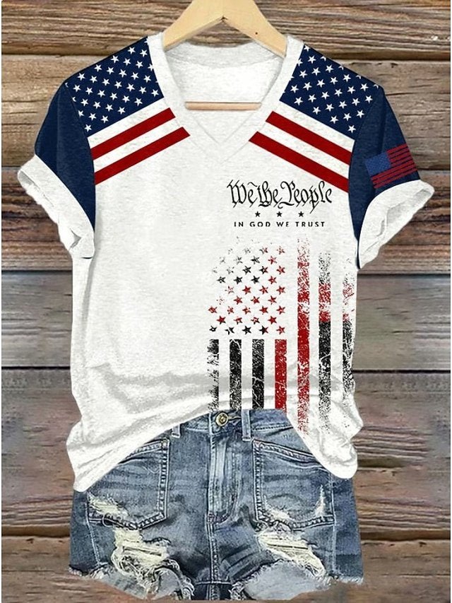 Independence Day Elegant V Neck Cotton T-Shirt