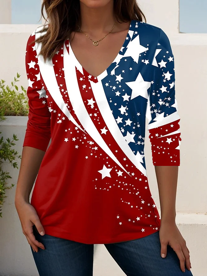 Independence Day Patriotic V-neck Long-sleeved Women's T-shirt