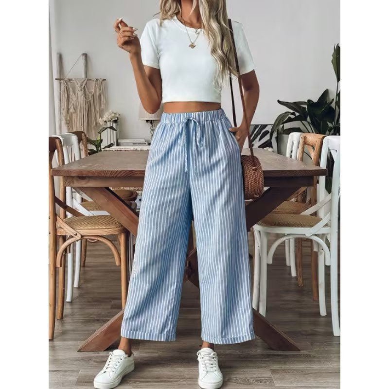 Striped Wide Leg Cropped Pants | Casual Elastic Waist Trousers